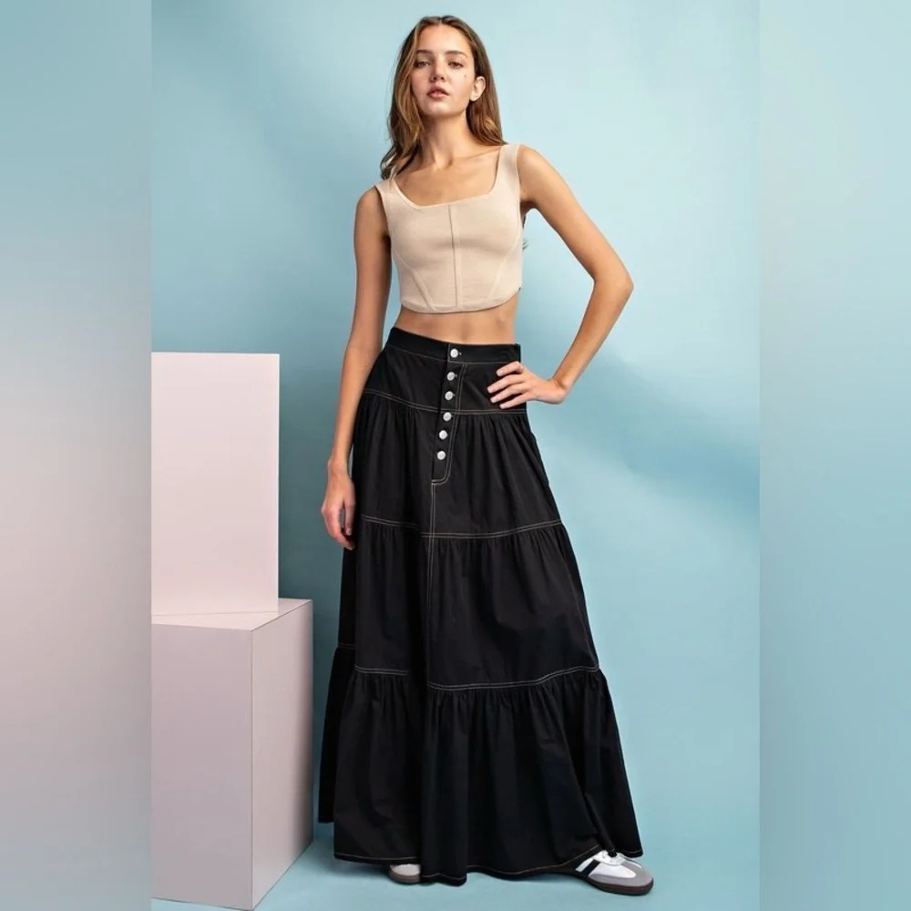 A-Line Tiered Button Up Maxi Skirt - eesome
